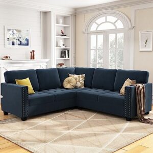 HONBAY Velvet Convertible Sectional Sofa L Shaped Couch Reversible 4 Seat Corner Sectional Sofa for Small Space, Dark Blue