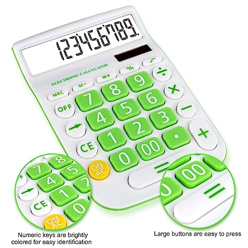 Cute Calculators Desktop, Two Way Power Battery and Solar Desk Calculator, Big Buttons Easy to Press Office Calculators for Desk, 12 Digit Adding Machine Calculators Large LCD Display (Fresh Green)