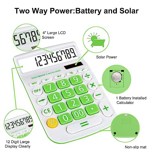 Cute Calculators Desktop, Two Way Power Battery and Solar Desk Calculator, Big Buttons Easy to Press Office Calculators for Desk, 12 Digit Adding Machine Calculators Large LCD Display (Fresh Green)