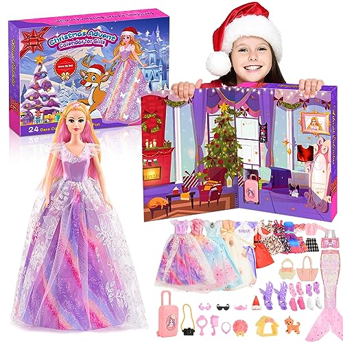 Luckades Advent Calendar-Girls Christmas Countdown Calendar with 24 Surprises Box Including 1 Doll 29 Pcs Doll Dresses,24 Days Countdown Calendar Christmas Gifts for Girls Aged 3-8