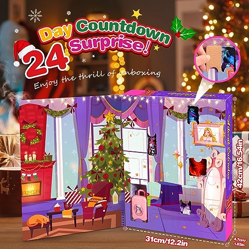 Luckades Advent Calendar-Girls Christmas Countdown Calendar with 24 Surprises Box Including 1 Doll 29 Pcs Doll Dresses,24 Days Countdown Calendar Christmas Gifts for Girls Aged 3-8