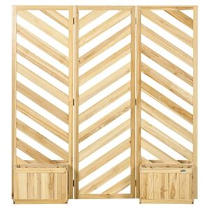 outsunny decorative outdoor privacy screen, freestanding divider/separator with 4 self-draining planters, 3 trellis plant support panels for garden walkway, backyard - natural wood