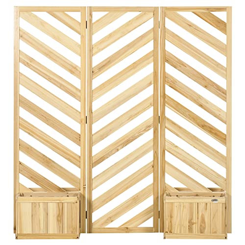 Outsunny Decorative Outdoor Privacy Screen, Freestanding Divider/Separator with 4 Self-Draining Planters, 3 Trellis Plant Support Panels for Garden Walkway, Backyard - Natural Wood