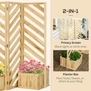 Outsunny Decorative Outdoor Privacy Screen, Freestanding Divider/Separator with 4 Self-Draining Planters, 3 Trellis Plant Support Panels for Garden Walkway, Backyard - Natural Wood