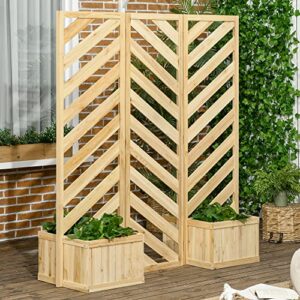 Outsunny Decorative Outdoor Privacy Screen, Freestanding Divider/Separator with 4 Self-Draining Planters, 3 Trellis Plant Support Panels for Garden Walkway, Backyard - Natural Wood