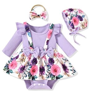 Unutiylo Baby Girl Clothes Newborn Suspender Outfit Purple Floral Romper Long Sleeve Dress Ruffle Jumpsuit with Headband Hat