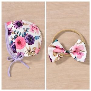 Unutiylo Baby Girl Clothes Newborn Suspender Outfit Purple Floral Romper Long Sleeve Dress Ruffle Jumpsuit with Headband Hat