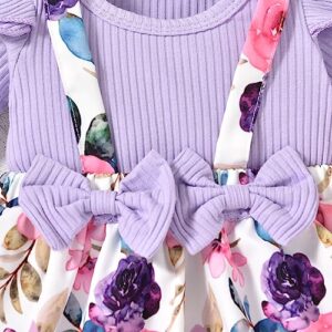 Unutiylo Baby Girl Clothes Newborn Suspender Outfit Purple Floral Romper Long Sleeve Dress Ruffle Jumpsuit with Headband Hat