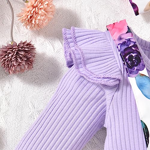 Unutiylo Baby Girl Clothes Newborn Suspender Outfit Purple Floral Romper Long Sleeve Dress Ruffle Jumpsuit with Headband Hat