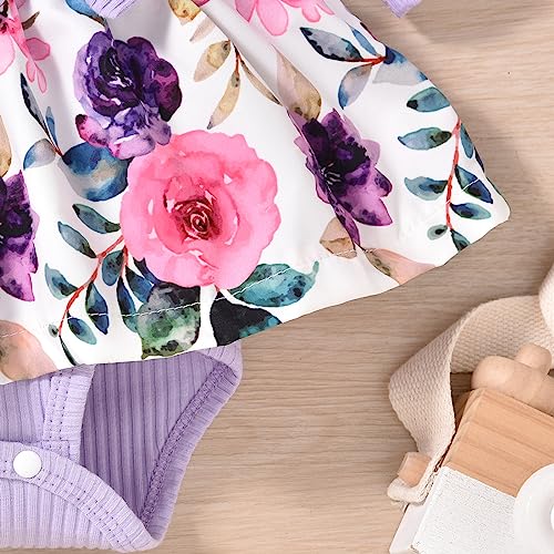 Unutiylo Baby Girl Clothes Newborn Suspender Outfit Purple Floral Romper Long Sleeve Dress Ruffle Jumpsuit with Headband Hat