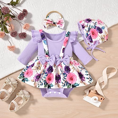 Unutiylo Baby Girl Clothes Newborn Suspender Outfit Purple Floral Romper Long Sleeve Dress Ruffle Jumpsuit with Headband Hat