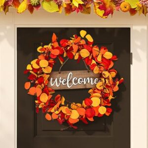 qingbei rina fall wreaths for front door outside, 24inch autumn wreath with wooden welcome sign, eucalyptus orange leaf,weatherproof outdoor wreaths for farmhouse, thanksgiving harvest indoor decor