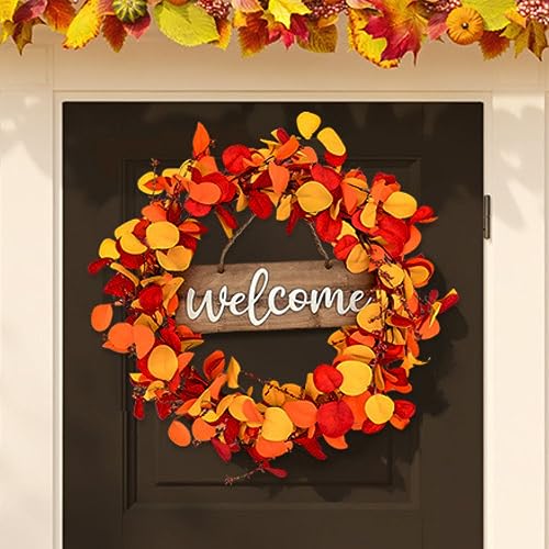 Qingbei Rina Fall Wreaths for Front Door Outside, 24Inch Autumn Wreath with Wooden Welcome Sign, Eucalyptus Orange Leaf,Weatherproof Outdoor Wreaths for Farmhouse, Thanksgiving Harvest Indoor Decor