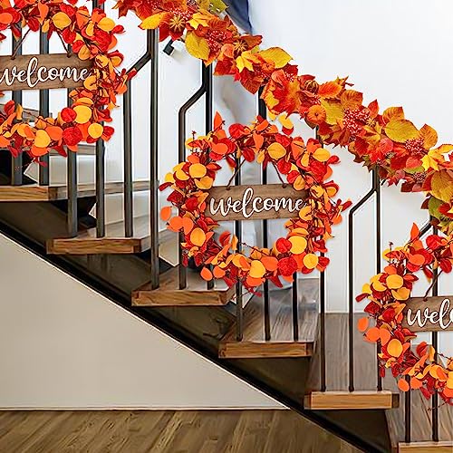 Qingbei Rina Fall Wreaths for Front Door Outside, 24Inch Autumn Wreath with Wooden Welcome Sign, Eucalyptus Orange Leaf,Weatherproof Outdoor Wreaths for Farmhouse, Thanksgiving Harvest Indoor Decor