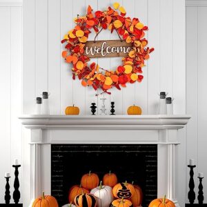 Qingbei Rina Fall Wreaths for Front Door Outside, 24Inch Autumn Wreath with Wooden Welcome Sign, Eucalyptus Orange Leaf,Weatherproof Outdoor Wreaths for Farmhouse, Thanksgiving Harvest Indoor Decor