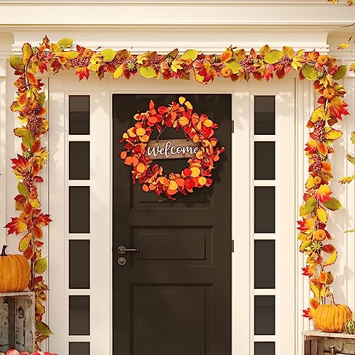 Qingbei Rina Fall Wreaths for Front Door Outside, 24Inch Autumn Wreath with Wooden Welcome Sign, Eucalyptus Orange Leaf,Weatherproof Outdoor Wreaths for Farmhouse, Thanksgiving Harvest Indoor Decor