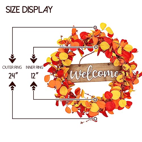 Qingbei Rina Fall Wreaths for Front Door Outside, 24Inch Autumn Wreath with Wooden Welcome Sign, Eucalyptus Orange Leaf,Weatherproof Outdoor Wreaths for Farmhouse, Thanksgiving Harvest Indoor Decor