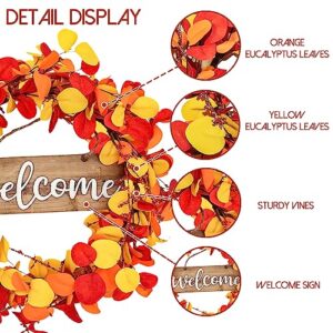 Qingbei Rina Fall Wreaths for Front Door Outside, 24Inch Autumn Wreath with Wooden Welcome Sign, Eucalyptus Orange Leaf,Weatherproof Outdoor Wreaths for Farmhouse, Thanksgiving Harvest Indoor Decor