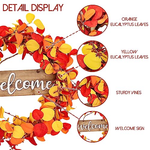 Qingbei Rina Fall Wreaths for Front Door Outside, 24Inch Autumn Wreath with Wooden Welcome Sign, Eucalyptus Orange Leaf,Weatherproof Outdoor Wreaths for Farmhouse, Thanksgiving Harvest Indoor Decor