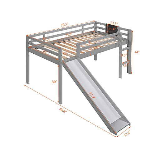 Eafurn Loft Bed with Slide, Kids Twin Loft Bed with Ladder, Low Loft Bed with Slide and Chalkboard, Solid Pine Wood Space Saving Kids Bed Frame for Boys, Girls