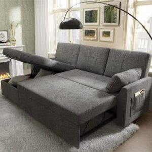 VanAcc Sofa Bed, 2 in 1 Pull Out Couch Bed with Storage Chaise for Living Room, Sofa Sleeper with Pull Out Bed, Gray Chenille Couch