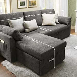 VanAcc Sofa Bed, 2 in 1 Pull Out Couch Bed with Storage Chaise for Living Room, Sofa Sleeper with Pull Out Bed, Gray Chenille Couch