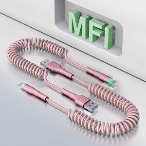 coiled usb to lightning cable [mfi certified], apple carplay charger cable for car data sync, coiled iphone charger iphone cable pink, 2 pack