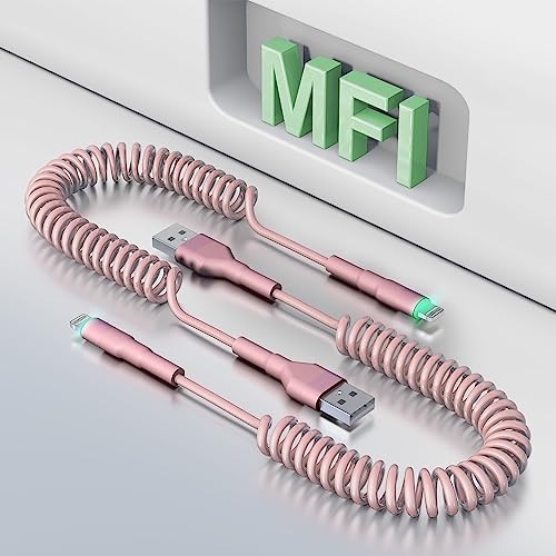 Coiled USB to Lightning Cable [MFi Certified], Apple Carplay Charger Cable for Car Data Sync, Coiled iPhone Charger iPhone Cable Pink, 2 Pack