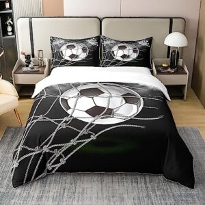 Boys Football Print Cotton Duvet Cover Set Queen Size Sports Theme Beding Set for Kids Teens Bedroom Decor Cool Modern Black White Soccer Design Comforter Cover Ball Game Competition Bedspread Cover