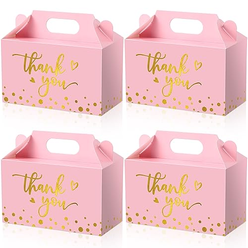 Seajan 24 Pieces Thank You Gable Boxes in Bulk Pink Gold Goodie Candy Boxes with Handle Party Gift Treat Boxes for Baby Shower Wedding Birthday Party Favors Packing, 5.9 x 3.2 x 3.5 Inch