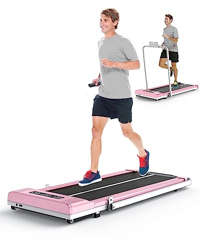 Dskeuzeew Under Desk Treadmill Walking Pad with Bluetooth&Remote, 2-in 1 Electric Treadmill Running Jogging Machine Max 265lb(Pink&White-Handle)