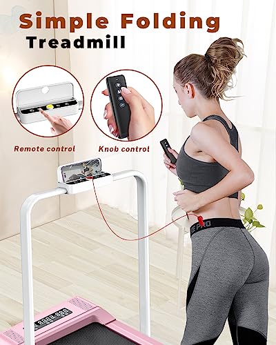 Dskeuzeew Under Desk Treadmill Walking Pad with Bluetooth&Remote, 2-in 1 Electric Treadmill Running Jogging Machine Max 265lb(Pink&White-Handle)