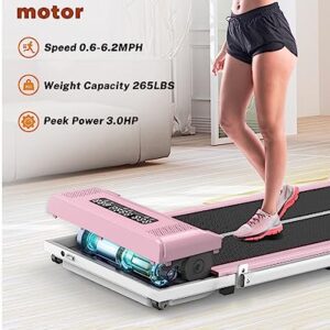 Dskeuzeew Under Desk Treadmill Walking Pad with Bluetooth&Remote, 2-in 1 Electric Treadmill Running Jogging Machine Max 265lb(Pink&White-Handle)