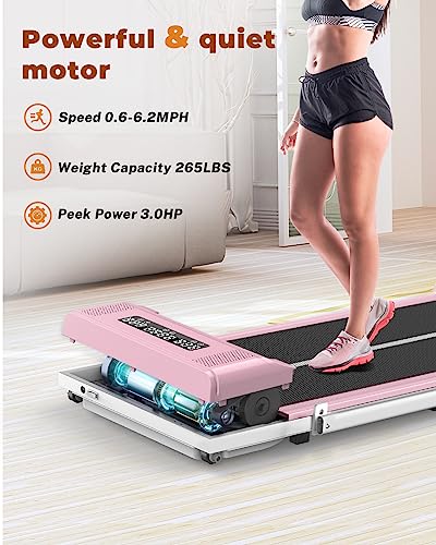 Dskeuzeew Under Desk Treadmill Walking Pad with Bluetooth&Remote, 2-in 1 Electric Treadmill Running Jogging Machine Max 265lb(Pink&White-Handle)