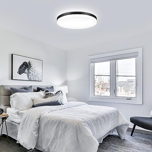 DLLT 24W Modern Dimmable Led Flush Mount Ceiling Light Fixture, 13 Inch Black Round Close to Ceiling Lights for Bedroom, Kitchen, Dining Room, Living Room 3000K-6000K 5 Light Color Adjustable