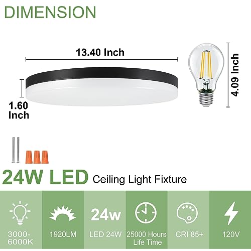 DLLT 24W Modern Dimmable Led Flush Mount Ceiling Light Fixture, 13 Inch Black Round Close to Ceiling Lights for Bedroom, Kitchen, Dining Room, Living Room 3000K-6000K 5 Light Color Adjustable