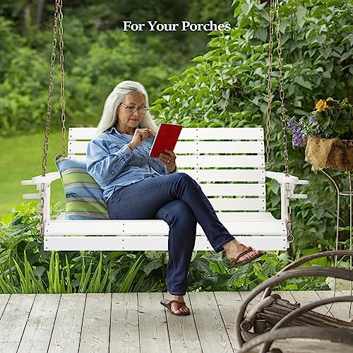 VINGLI Heavy Duty 1600 LBS HDPE Porch Swing Outdoor with Rotatable Cup Holder, 4 FT Patio Bench Swing with Adjustable Chains, 2 Person Hanging Porch Swing Chair for Porch, Yard, Tree, Garden - White