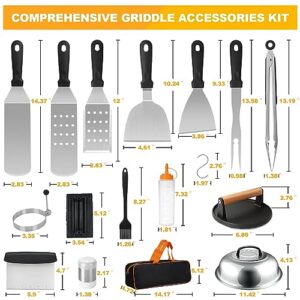 Griddle Accessories Kit, Terlulu 29 PCS Flat Top Grill Accessories for Blackstone and Camp Chef, Metal Spatula Set with Burger Press, Melting Dome, Scraper, Tongs, Carry Bag for Outdoor Grilling BBQ