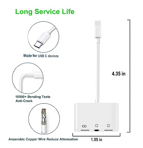 USB C to 3.5mm Headphone and Charge Adapter 3-in-1 Type C to Dual Audio Jack Splitter with Fast Charging Compatible with iPad Pro Samsung Galaxy S23 Ultra S22 S21 S20 S20+ Note 20 Pixel 7