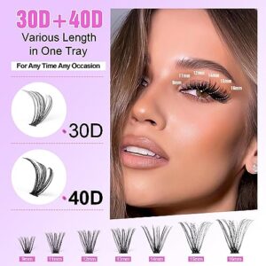 DIY Lash Extension Kit 280pcs Individual Lashes Cluster D Curl Eyelash Extension Kit 30D 40D 9-16mm Mix Lash Clusters with Lash Bond and Seal and Lash Applicator Tool for Self Application at Home (30D+40D-0.07D-9-16MIX KIT)