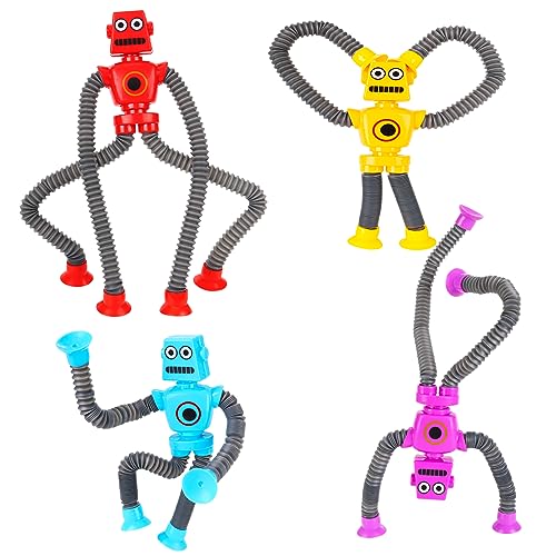 GOHEYI 4 Pack LED Pop Tubes Robot Toys, Telescopic Suction Cup Robot Toys, Robot Fidget Toys for Kids, Sensory Toys for Autistic Children, Gifts for Boys Girls