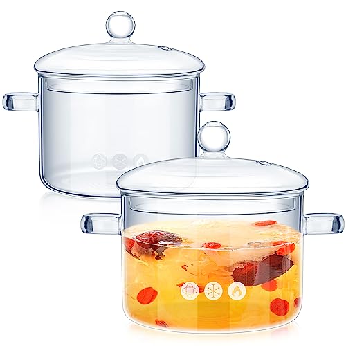 2 Pcs Glass Pots for Cooking on Stove Set Glass Saucepan with Cover Heat Resistant Clear Pots and Pans Set Stovetop Glass Cookware Simmer Pot with Lid for Soup Milk (1.5 L, 1.9 L,Trendy Style)