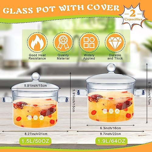 2 Pcs Glass Pots for Cooking on Stove Set Glass Saucepan with Cover Heat Resistant Clear Pots and Pans Set Stovetop Glass Cookware Simmer Pot with Lid for Soup Milk (1.5 L, 1.9 L,Trendy Style)