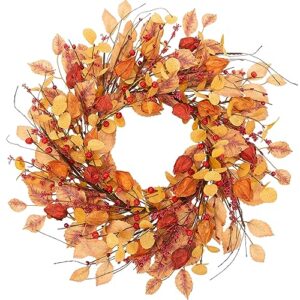 vgia 18 inch fall wreath fall leaves wreath autumn wreath for front door artificial autumn wreath with cape gooseberries and berries fall decorations with fall plants for home wall and window