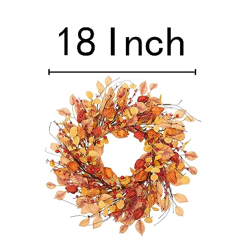 VGIA 18 Inch Fall Wreath Fall Leaves Wreath Autumn Wreath for Front Door Artificial Autumn Wreath with Cape Gooseberries and Berries Fall Decorations with Fall Plants for Home Wall and Window