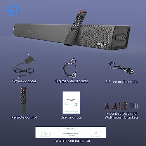 BESTISAN Sound bar, Wired and Wireless Soundbar for TV, Home Theater Surround Sound System Sound Bars for TV with HDMI-ARC, Optical/Coaxial/RCA Connection (Black)