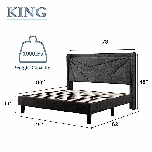 Feonase King Size Bed Frame with Type-C & USB Ports, Upholstered Platform Bed Frame with Wingback Storage Headboard, Solid Wood Slats Support, No Box Spring Needed, Noise-Free, Gray