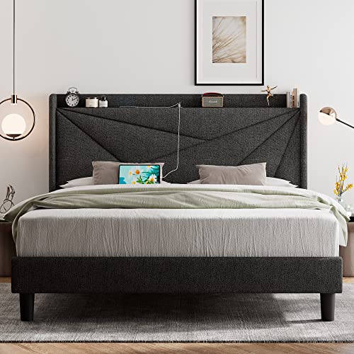 Feonase King Size Bed Frame with Type-C & USB Ports, Upholstered Platform Bed Frame with Wingback Storage Headboard, Solid Wood Slats Support, No Box Spring Needed, Noise-Free, Gray