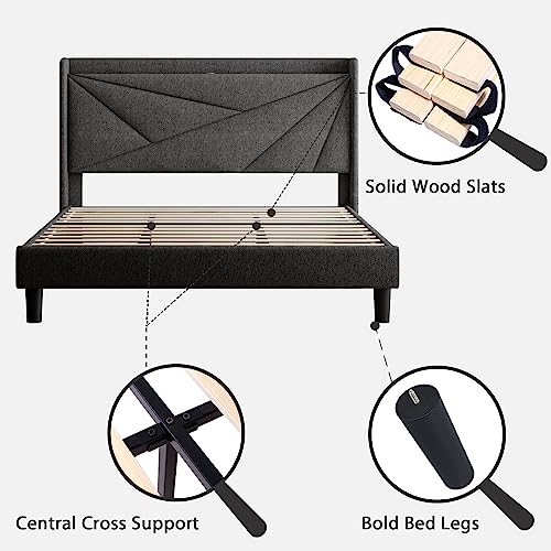 Feonase King Size Bed Frame with Type-C & USB Ports, Upholstered Platform Bed Frame with Wingback Storage Headboard, Solid Wood Slats Support, No Box Spring Needed, Noise-Free, Gray
