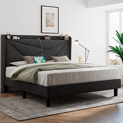 Feonase King Size Bed Frame with Type-C & USB Ports, Upholstered Platform Bed Frame with Wingback Storage Headboard, Solid Wood Slats Support, No Box Spring Needed, Noise-Free, Gray